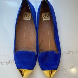 Dolce Vita Blue and Gold Suede Flats with Metallic Toe Cap